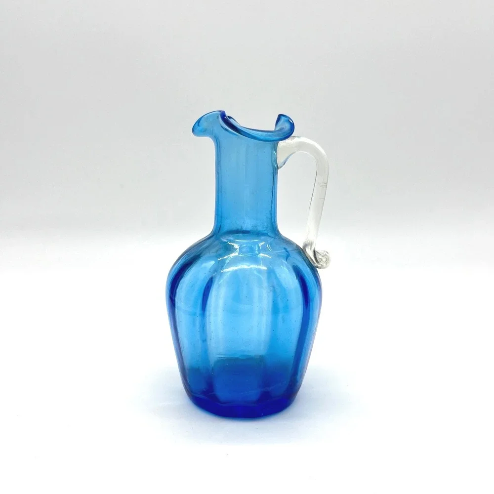 Vintage Blue Mini Blown Glass‎ Pitcher Small Art Glass Bud Vase Ruffled Spout